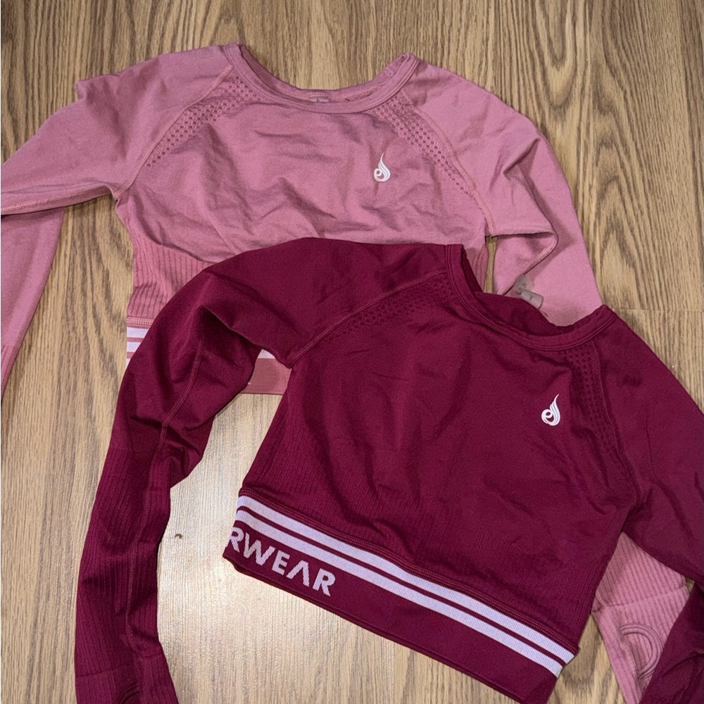 Ryderwear Long Sleeve Workout Crop Tops - Pink & Burgundy